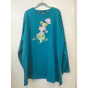 Bob Mackie Sweatshirt Top Crew Neck Embroidered Mermaid Parasol Teal 2X NWT